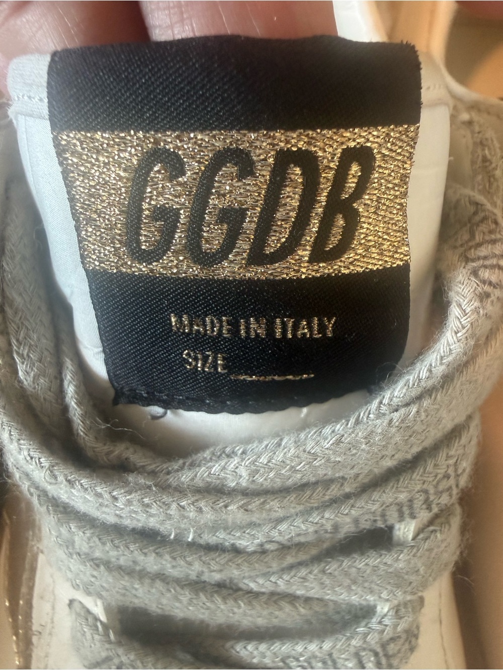 Golden Goose White Sneaker with Gold Logo and Gray Laces